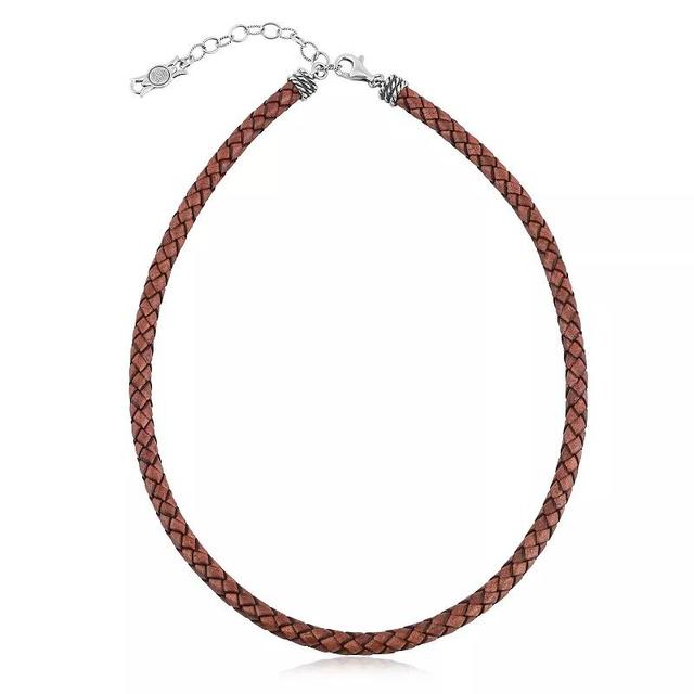 Southwest Spirit Sterling Silver and Braided White Leather Necklace, Womens Red Brown Product Image