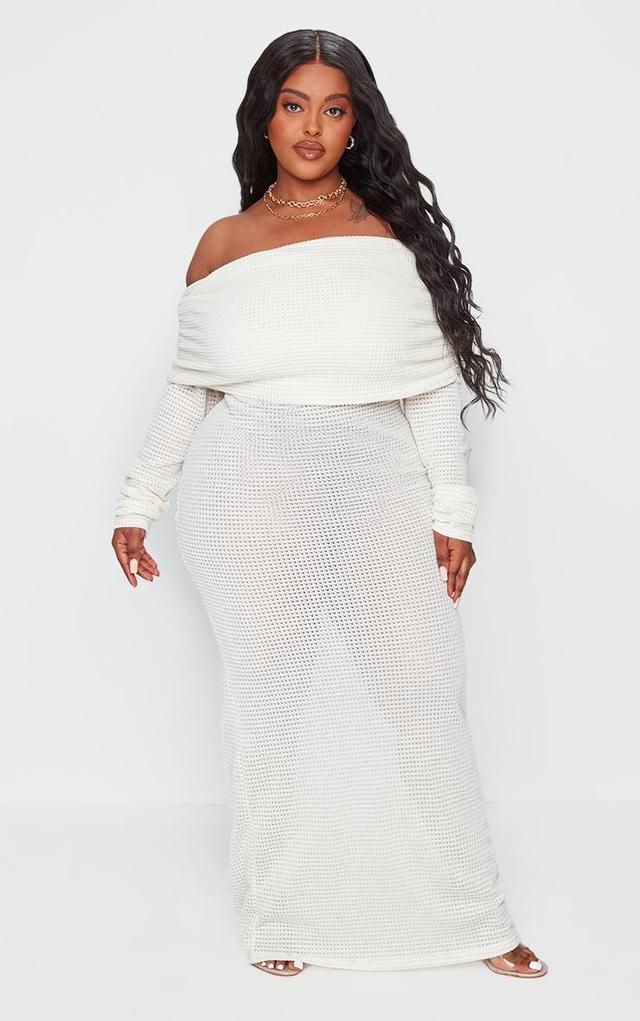 Plus Cream Waffle Texture Extreme Fold Over Bardot Maxi Dress Product Image