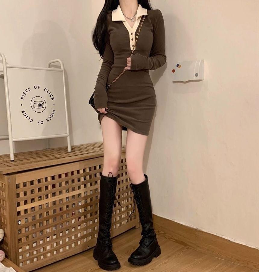 Long-Sleeve Collar Plain Contrast Trim Mini Sheath Dress Product Image