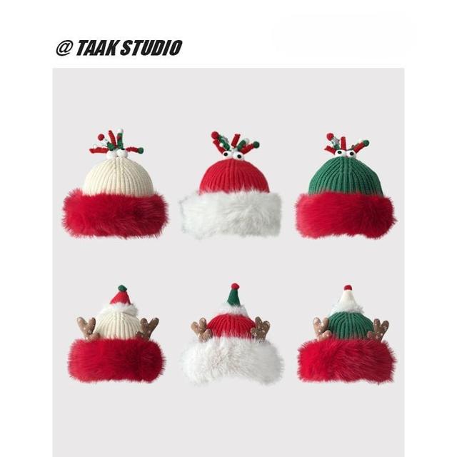 Christmas Deer Horn Chenille Knit Beanie Product Image