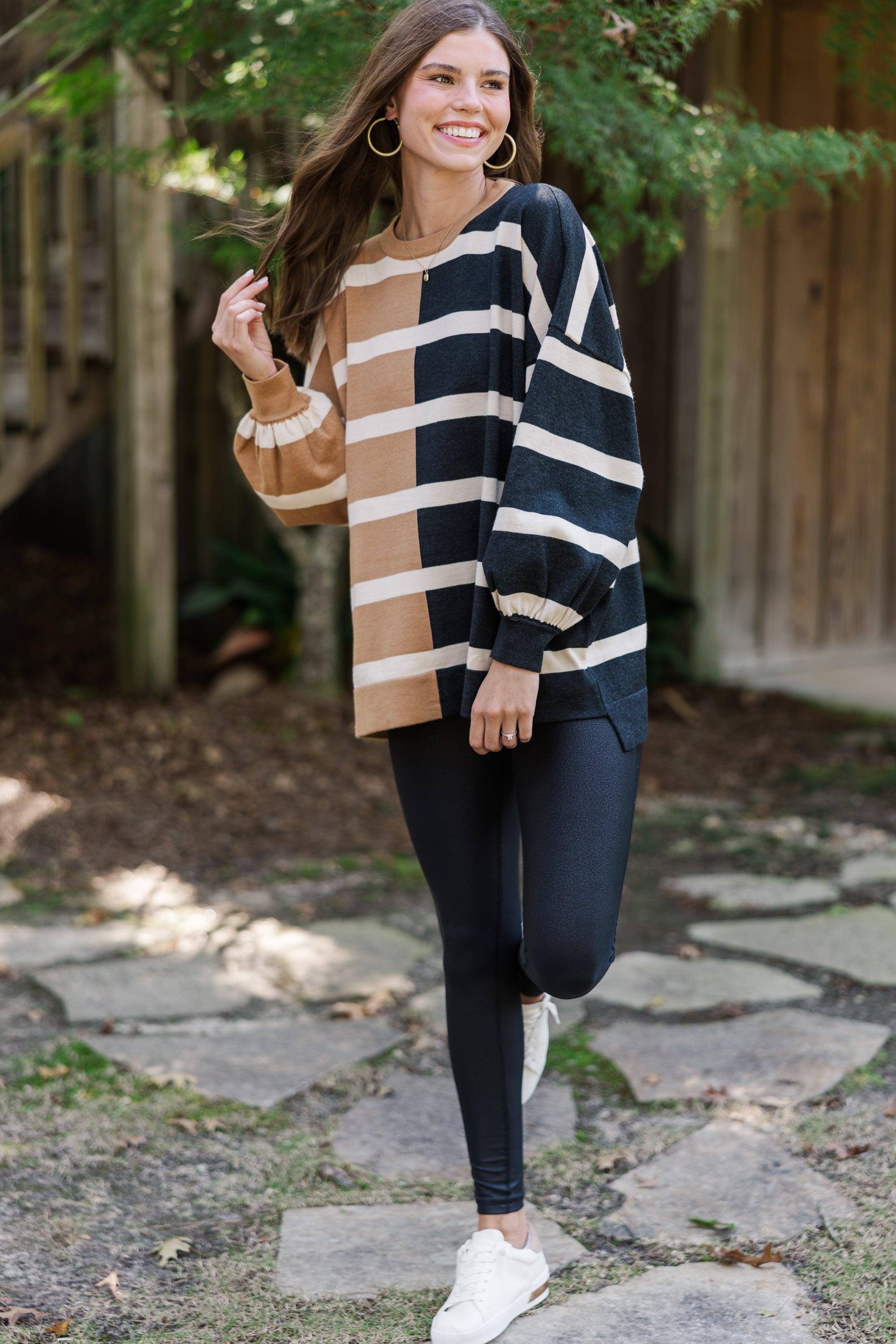 Live It Up Mocha/Black Striped Sweater Female Product Image