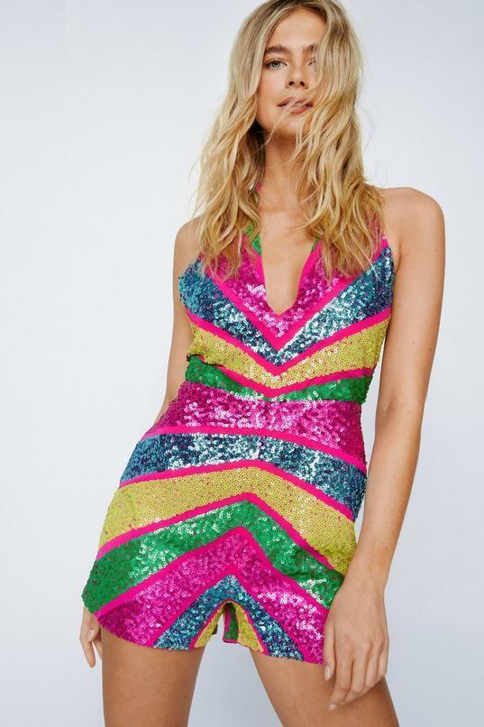 Sequin Color Block Halterneck Romper Product Image