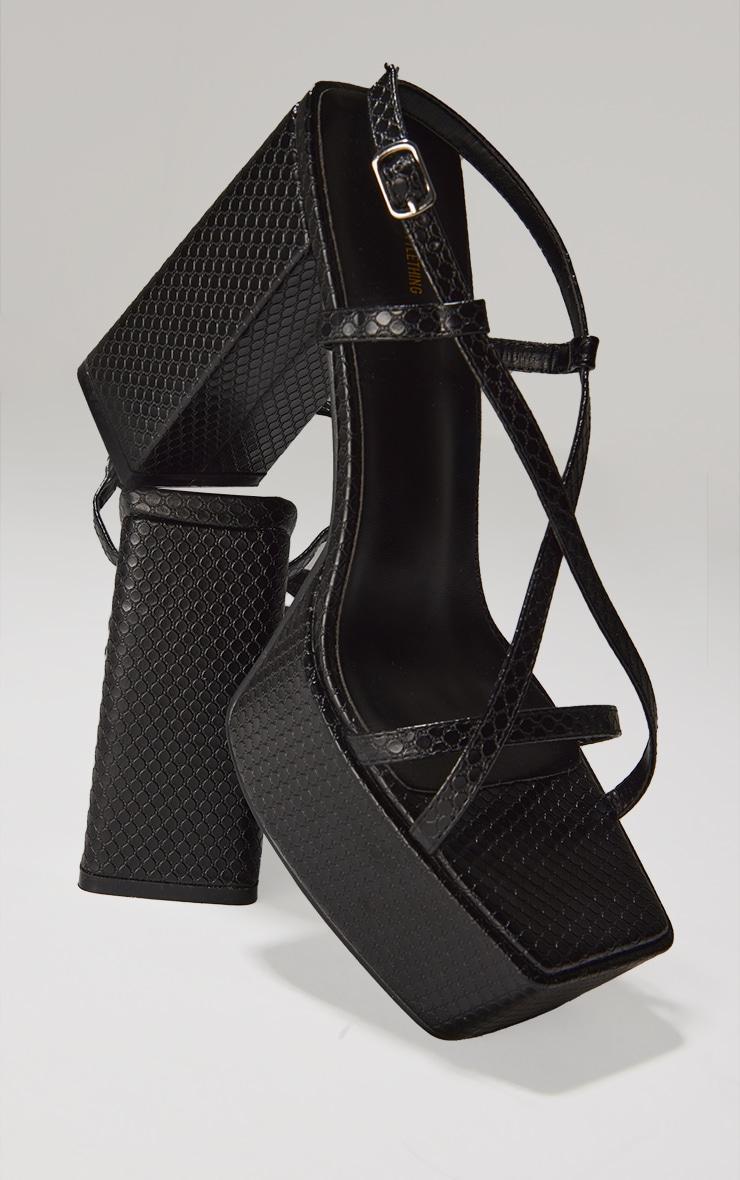 Black Croc PU Square Toe Cross Strap Platform Heeled Sandals Product Image