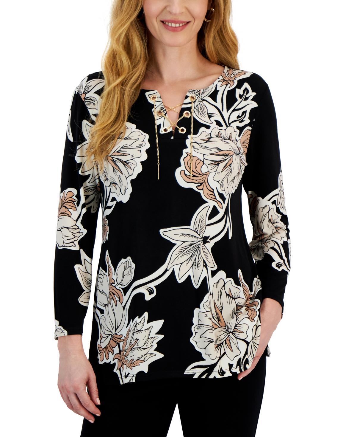 Women's 3/4 Sleeve Printed Chain Lace-Up Tunic, Created for Macy's  Product Image