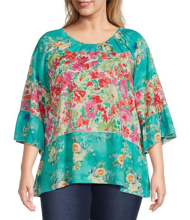 Calessa Plus Size Woven Garden Floral Print Scoop Neck 3/4 Sleeve Peasant Tunic Product Image