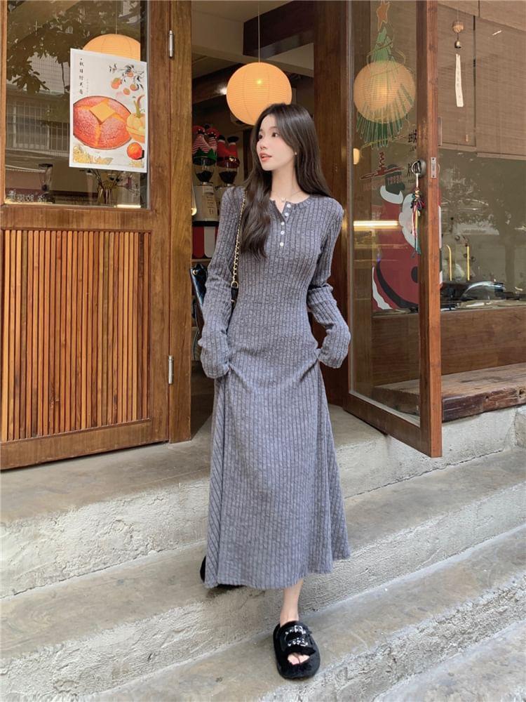 Long-Sleeve Henley Melange Ribbed Midi A-Line Knit Dress Product Image