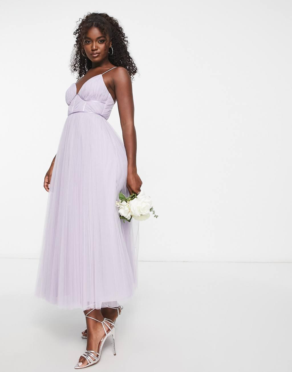 ASOS DESIGN Bridesmaid cami ruched bodice midi dress with pleated skirt in lilac product image