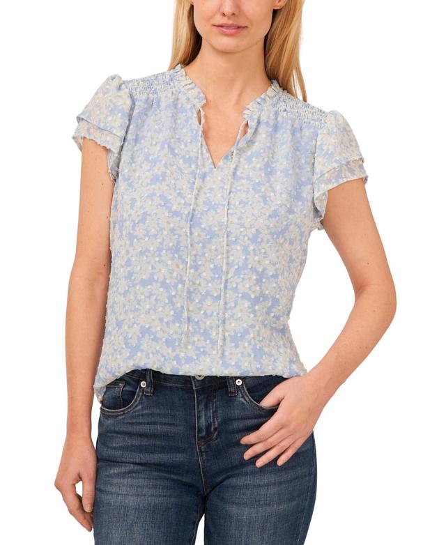 CeCe Womens Floral Clip-Dot Tie-Neck Flutter-Sleeve Top Product Image