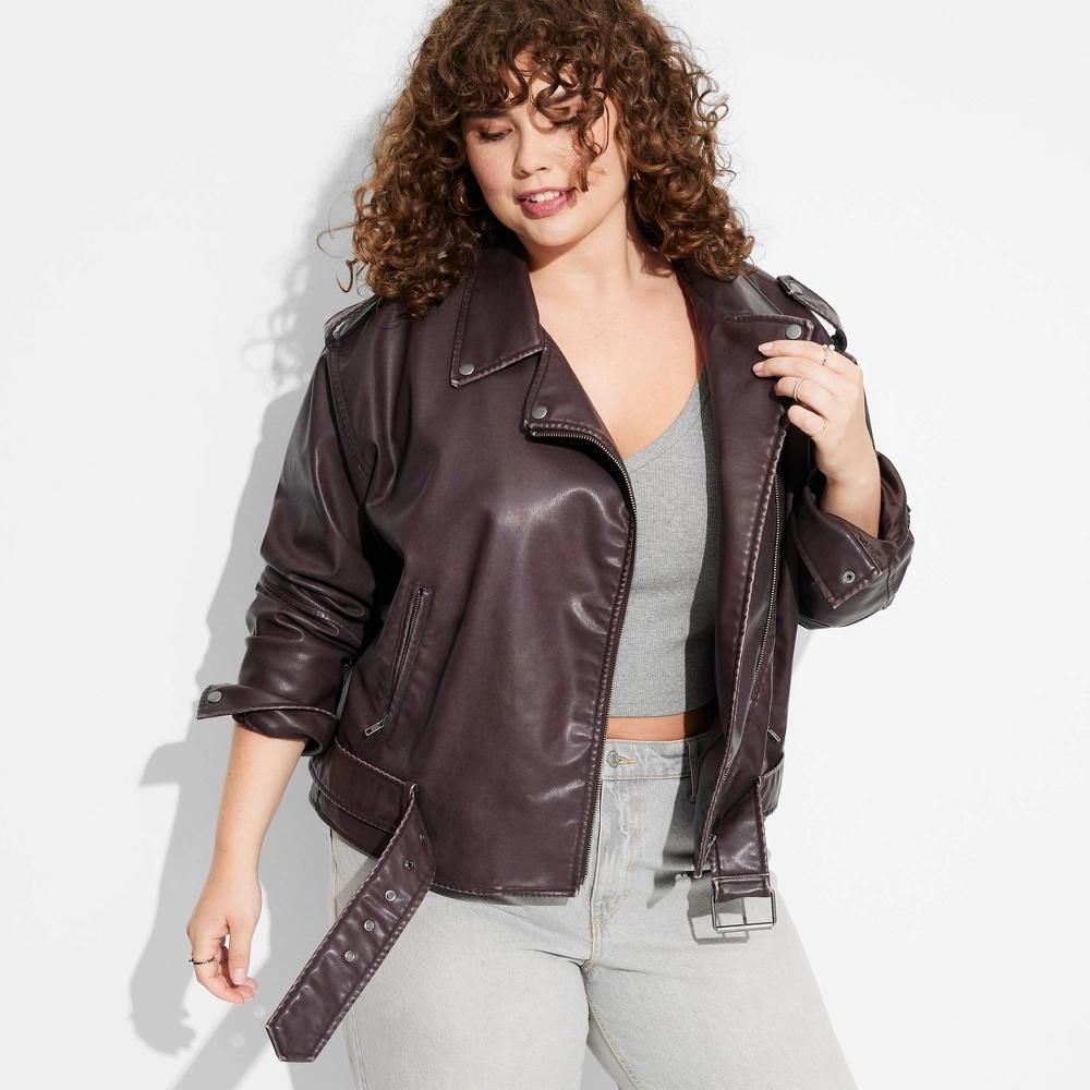 Womens Faux Leather Oversized Moto Jacket - Wild Fable Brown 4X product image