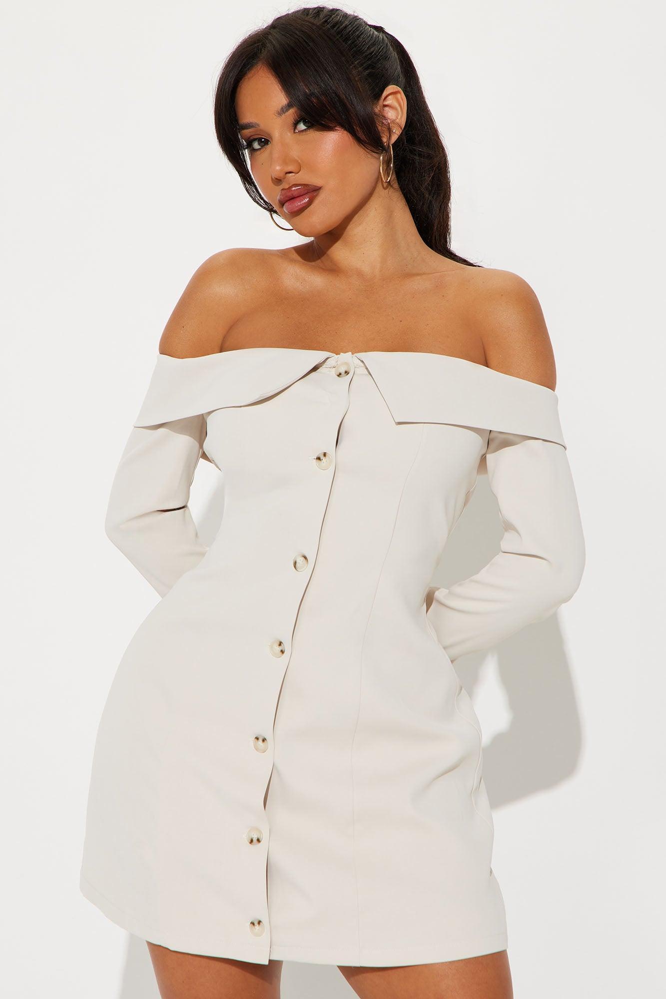 Victoria Off Shoulder Mini Dress - Beige Product Image