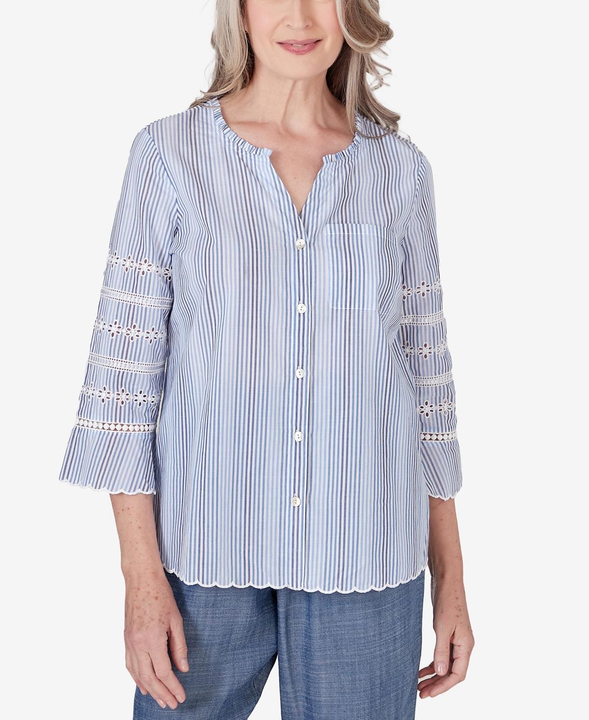 Alfred Dunner Womens Bayou Pinstripe Embroidered Button Down Top Product Image