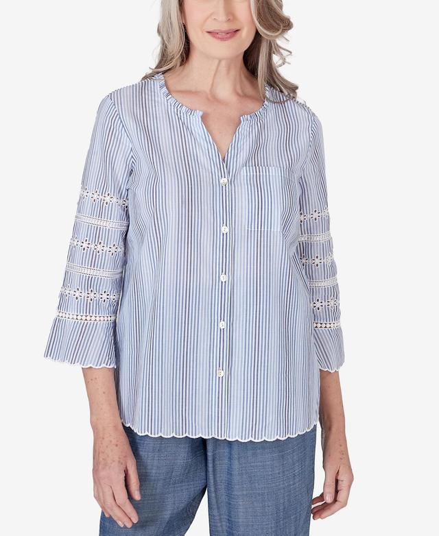 Alfred Dunner Womens Bayou Pinstripe Embroidered Button Down Top Product Image