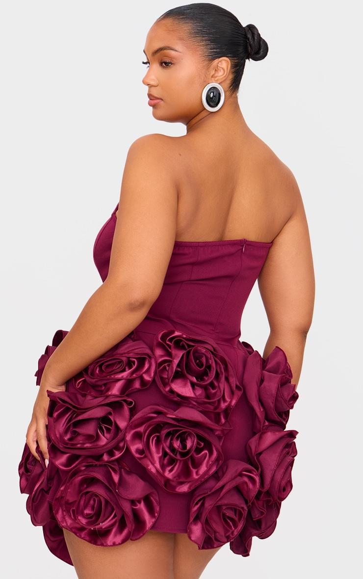 Plus Burgundy Boned Corset Flower Detail Bodycon Dress Product Image