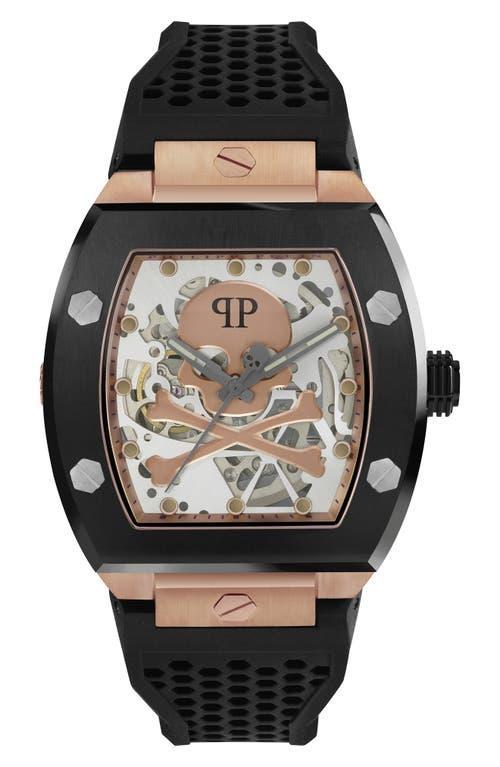 Philipp Plein Mens Automatic The $keleton Black & Gold-Tone Tonneau Strap Watch 44mm Product Image