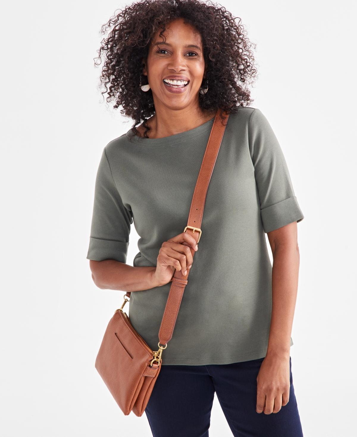 Women's Boat-Neck Elbow Sleeve Cotton Top, XS-4X, Created for Macy's Product Image