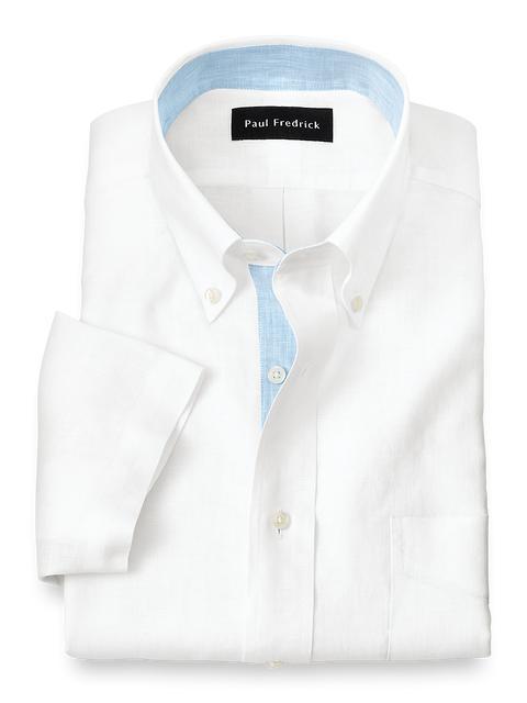 Non-Iron Linen Solid Dress Shirt With Contrast Trim - White Product Image