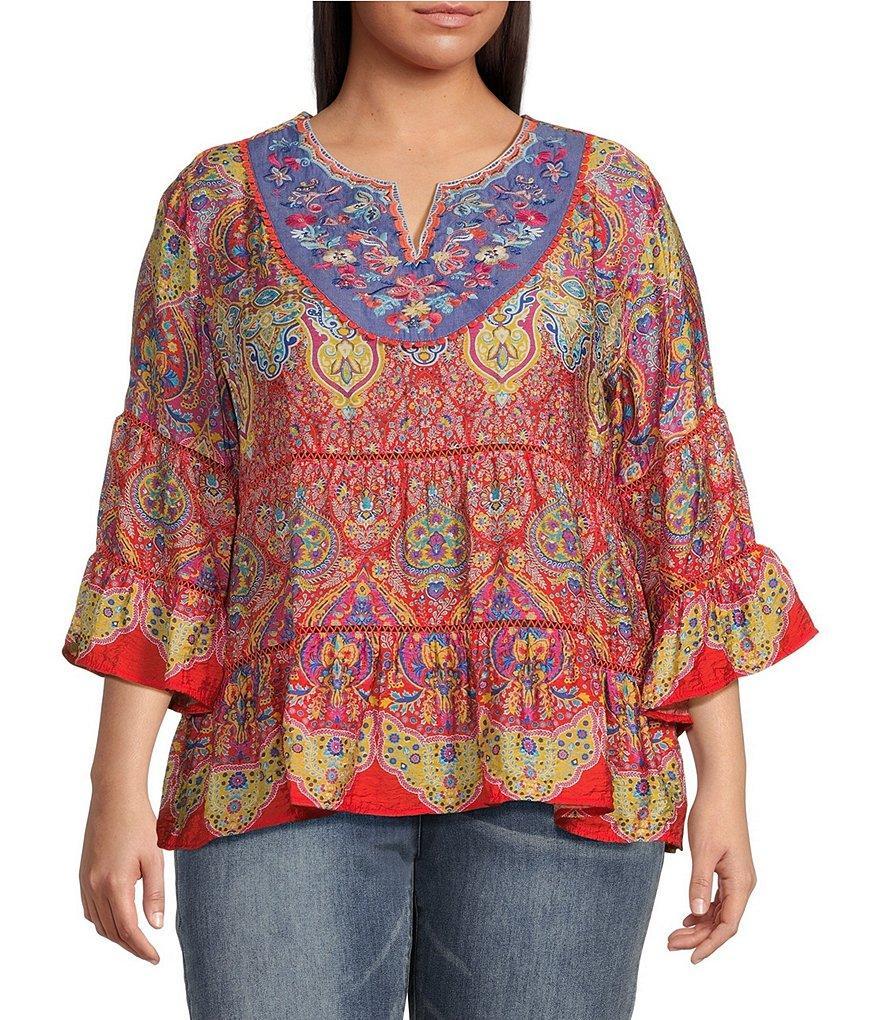 John Mark Plus Size Embroidered Split Neck 3/4 Ruffle Sleeve Tunic Product Image