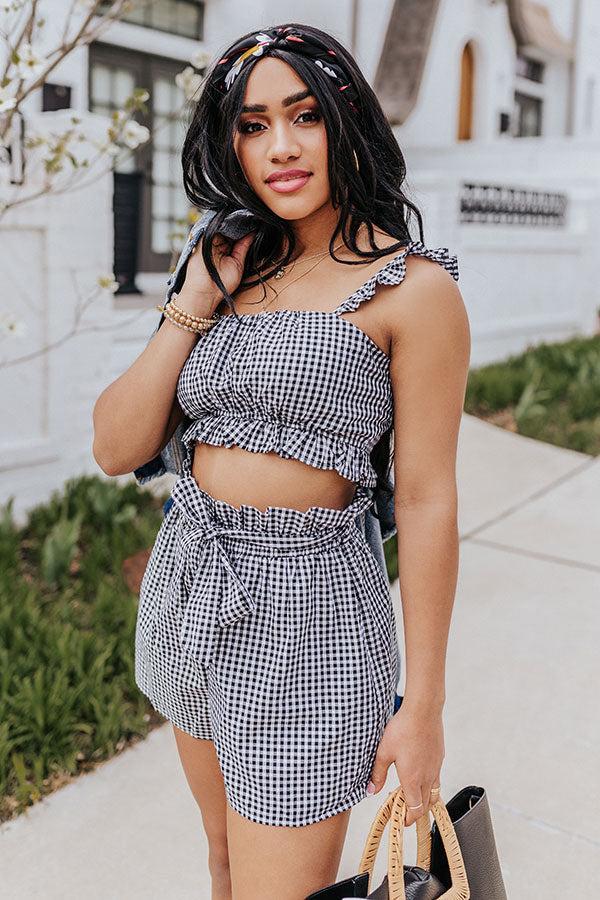 Ruffled Up Gingham Crop Top In Black Product Image