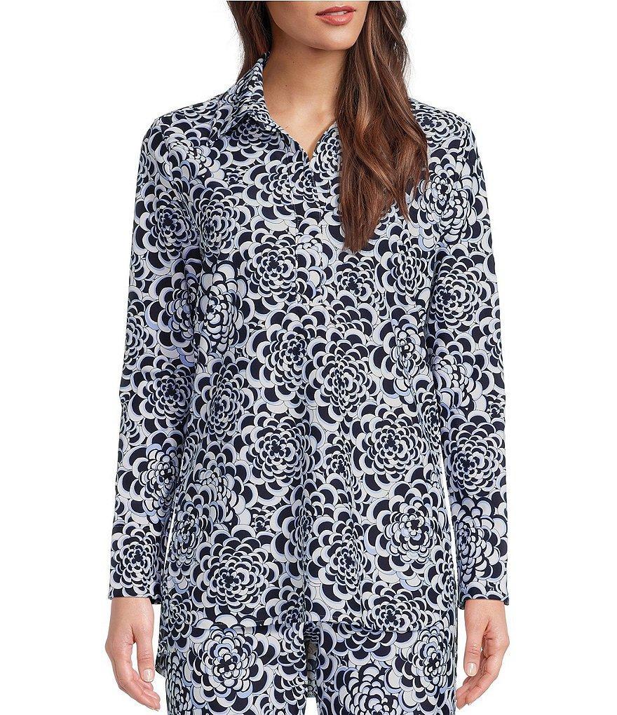 Jude Connally Hadley Blooms Navy Print Jude Cloth Knit Point Collar Long Split Roll Cuff Sleeve Coordinating Tunic Product Image