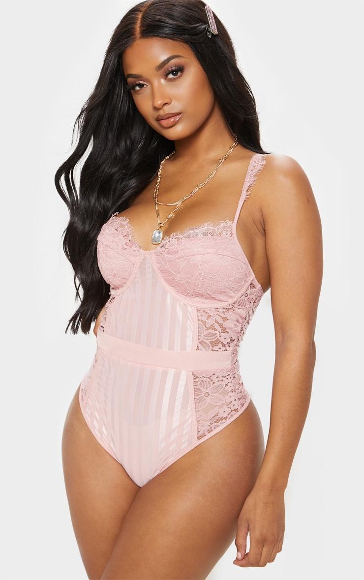 Shape Dusty Pink Lace Mesh Stripe Bodysuit Product Image