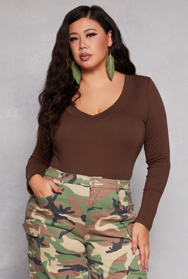 Womens Plus Size Solid V Neck Long Sleeve Tee Product Image