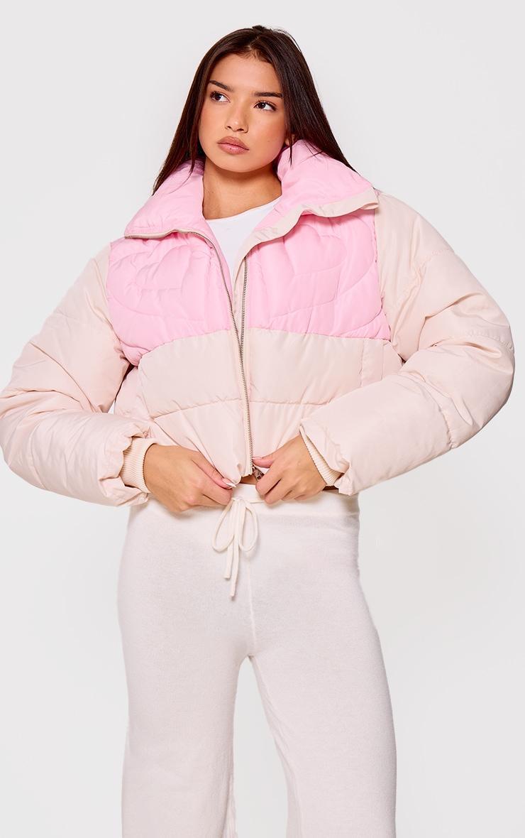 Pink Heart Detail Color Block Puffer Coat Product Image