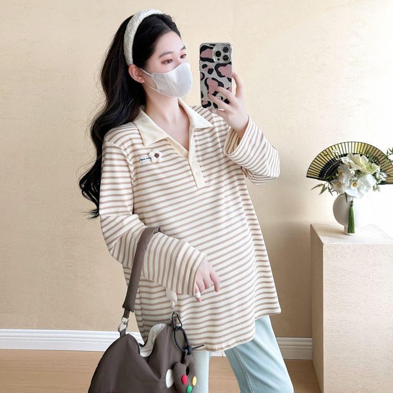 Maternity Long Sleeve Collar Striped Button Up Polo Shirt Product Image