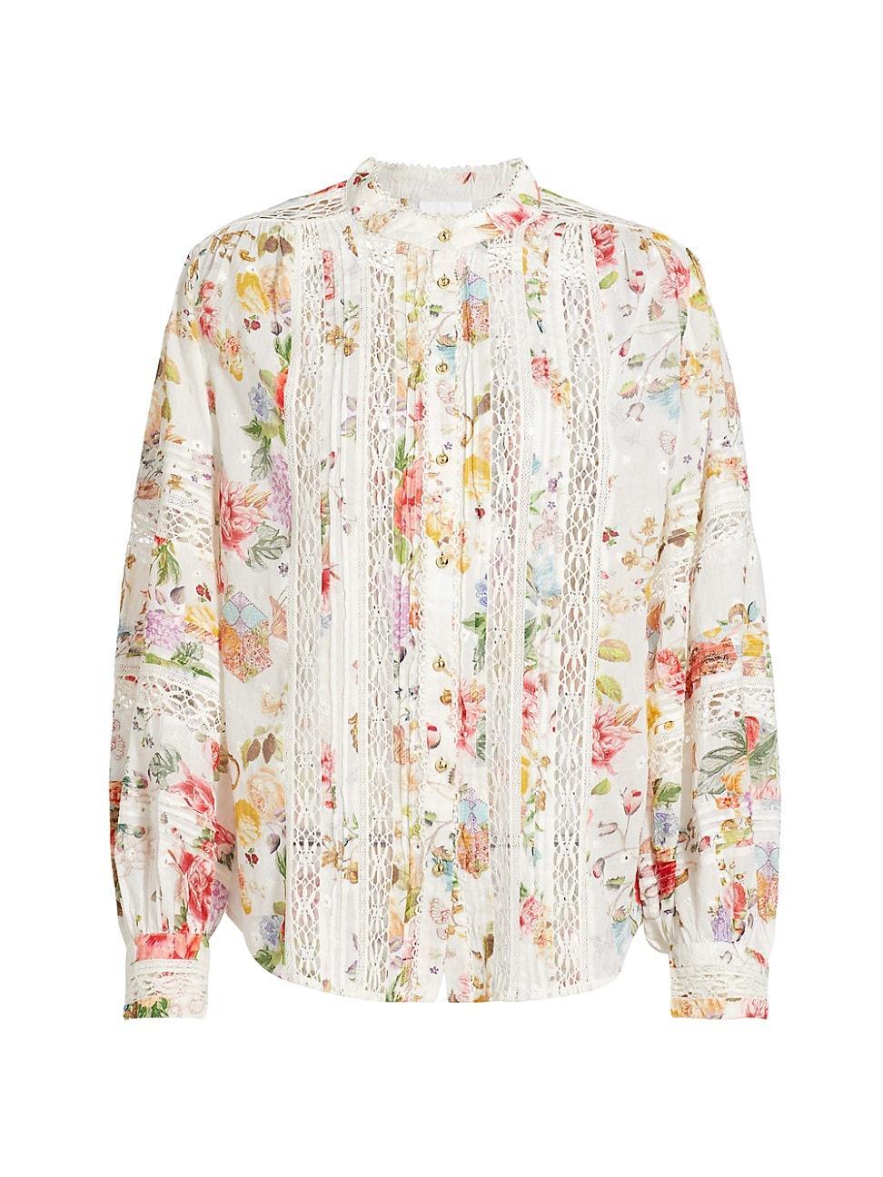 Womens Lace-Trimmed Floral Cotton Blouse Product Image