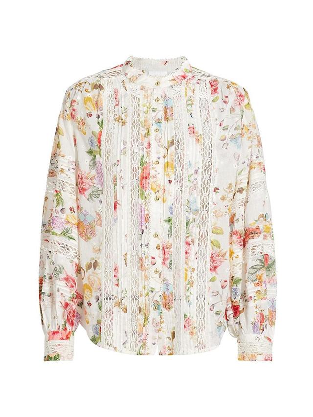 Womens Lace-Trimmed Floral Cotton Blouse Product Image