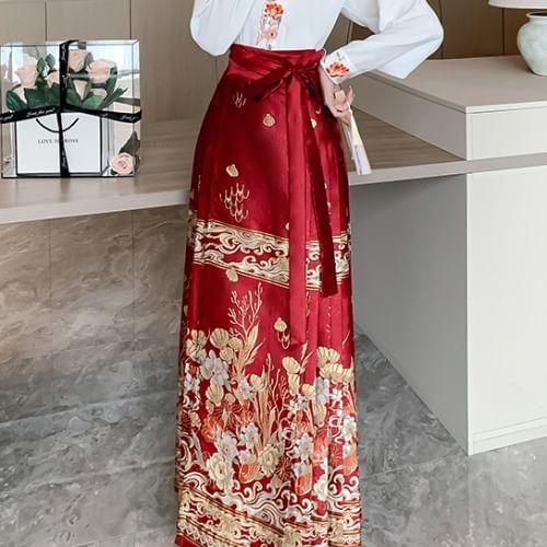 High Waist Floral Maxi A-Line Skirt / V-Neck Flower Embroidered Blouse Product Image