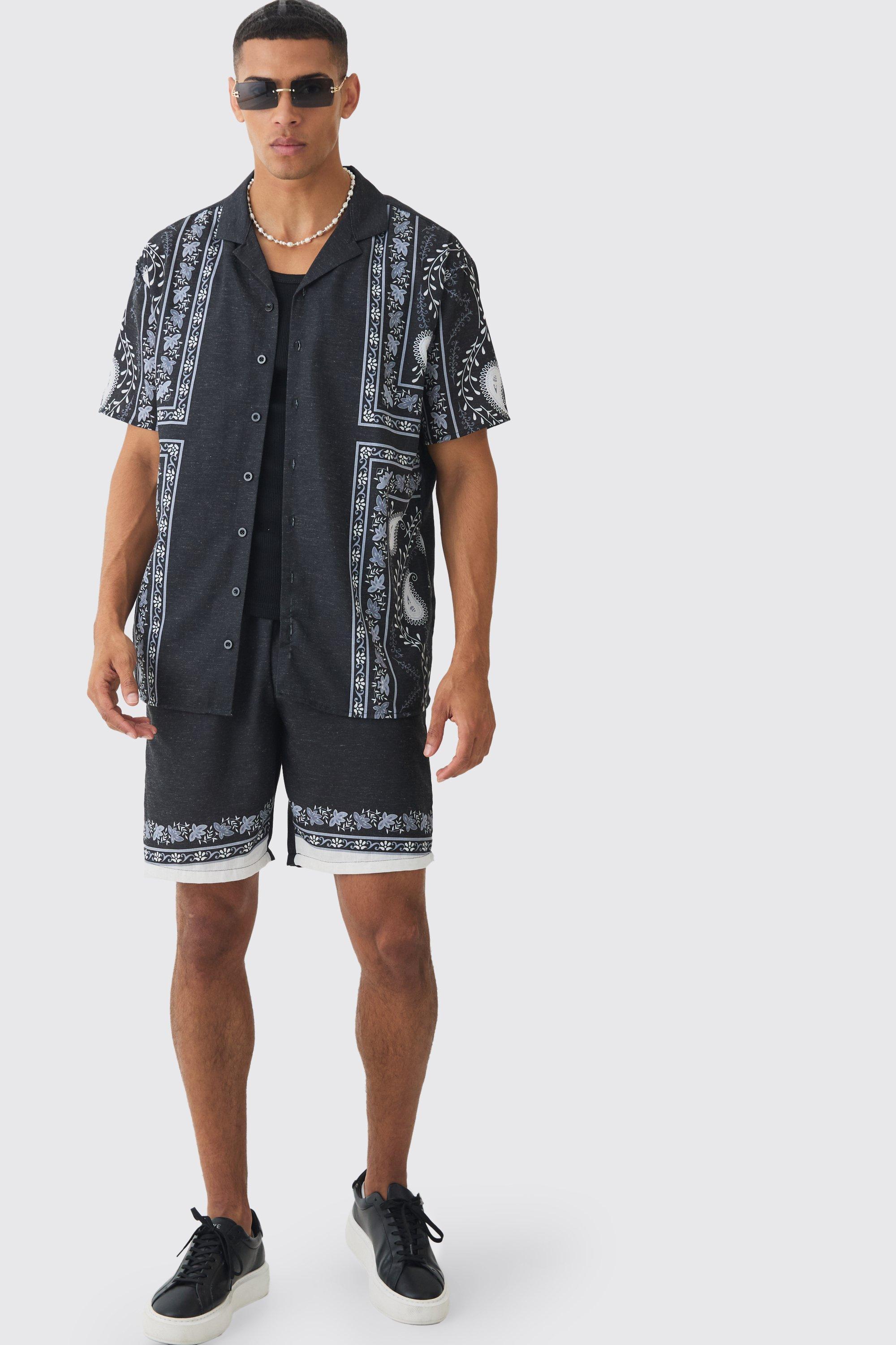 Oversized Linen Look Tile Print Shirt & Short | boohooMAN USA Product Image