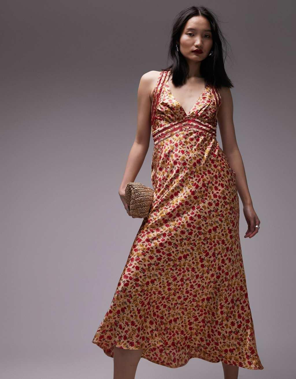 Topshop satin slip dress with lace insert in orange print Product Image