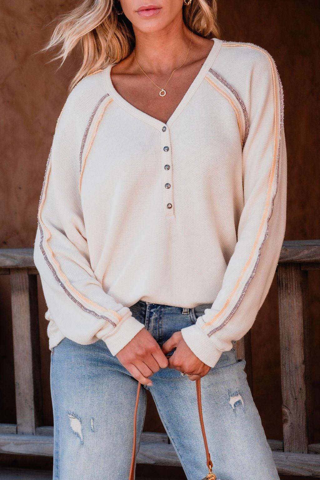 Ivory V Neck Button Up Top - FINAL SALE Product Image