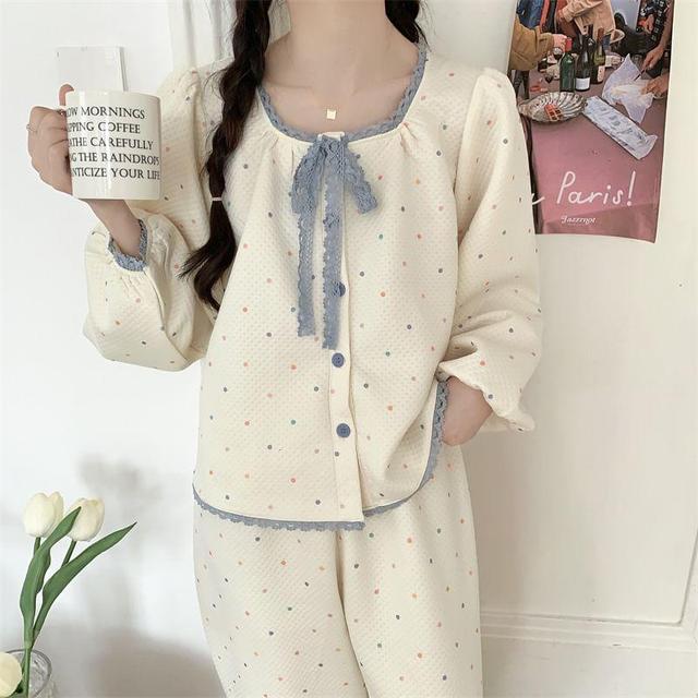 Pajama Set: Puff-Sleeve Dotted Lace Trim Button-Up Shirt + Pants Product Image