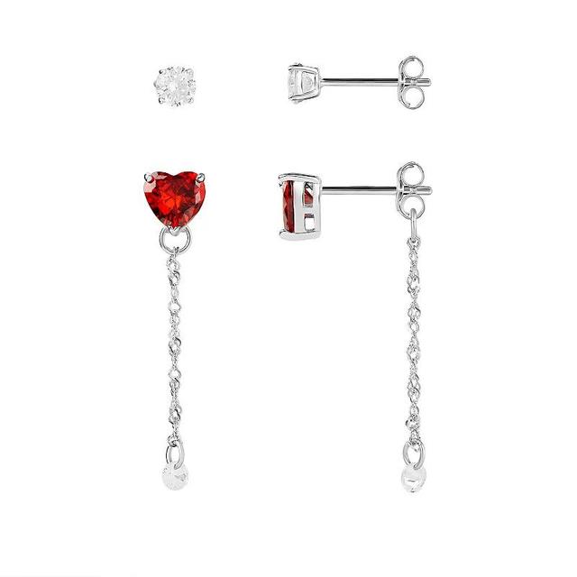 PRIMROSE Sterling Silver Red Cubic Zirconia Heart Drop & Cubic Zirconia Stud Earring Duo Set, Womens, Sterling And Red Product Image