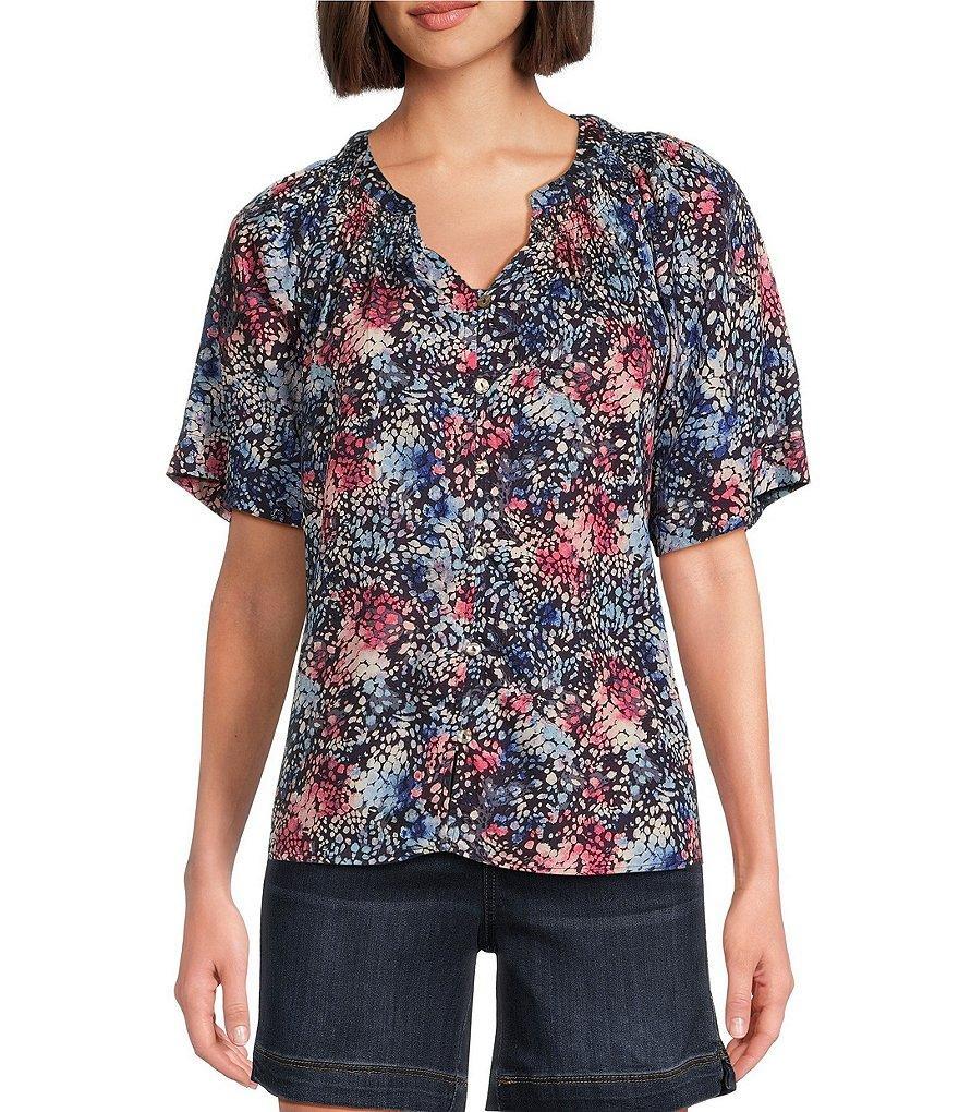 Westbound Woven Short Sleeve Y-Neck Button Front Top Product Image