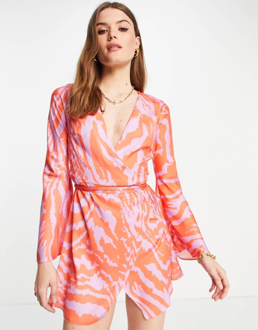 ASOS DESIGN mini wrap satin dress in orange and lilac print Product Image