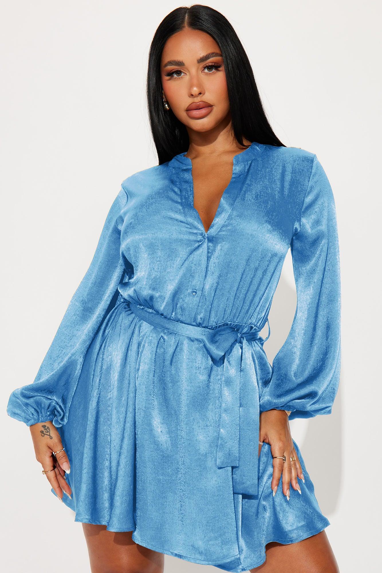 Boardroom Beauty Mini Shirt Dress - Blue Product Image