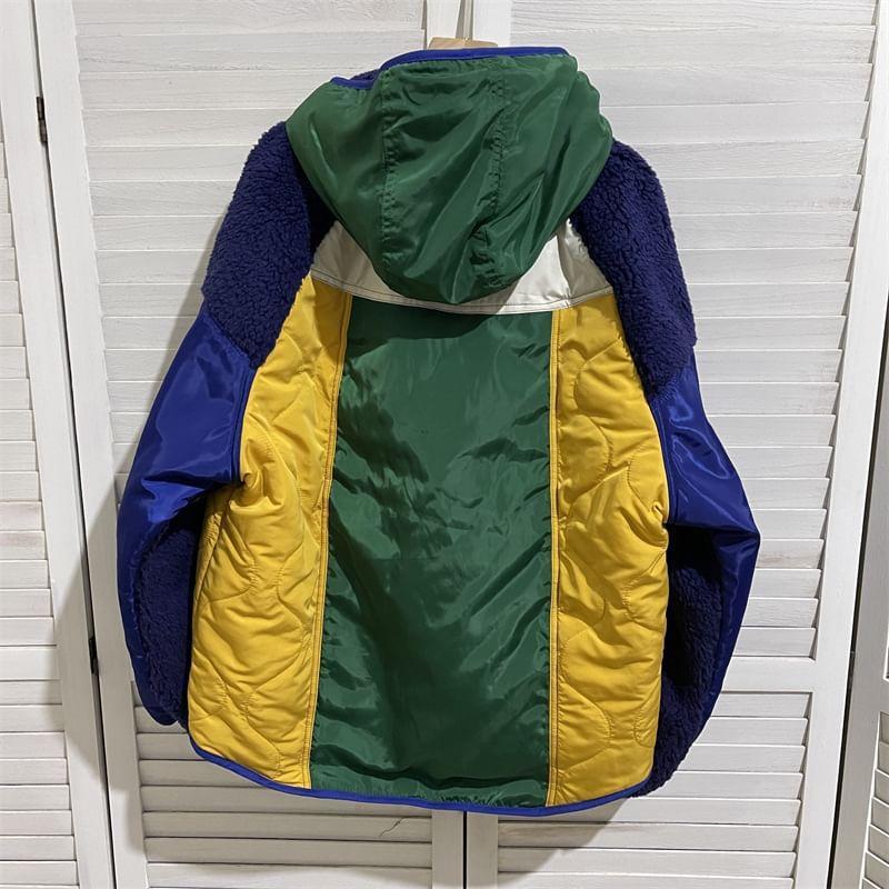 Hooded Color Block Fleece Panel Zip Up Jacket Product Image