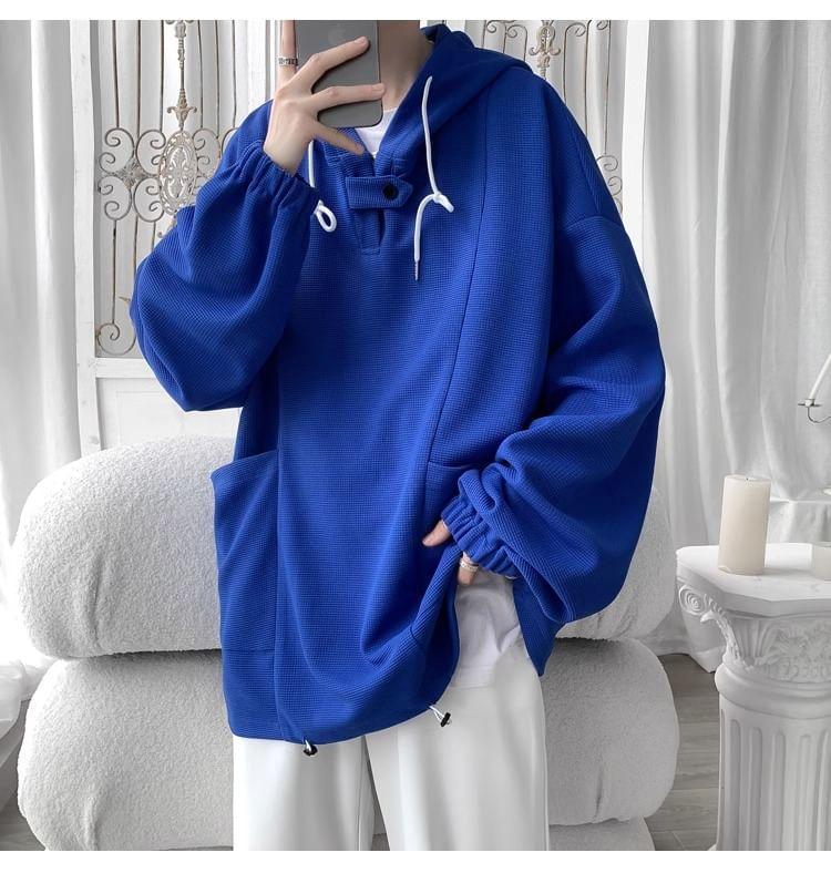 Puff-Sleeve Plain Pocket Detail Oversized Hoodie Product Image