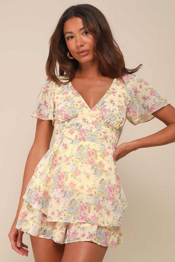 Flirty Choice Yellow Floral Flutter Sleeve Lace-Up Romper Product Image