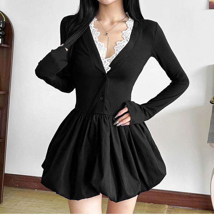 Long-Sleeve V-Neck Plain Lace Trim Mini A-Line Dress Product Image