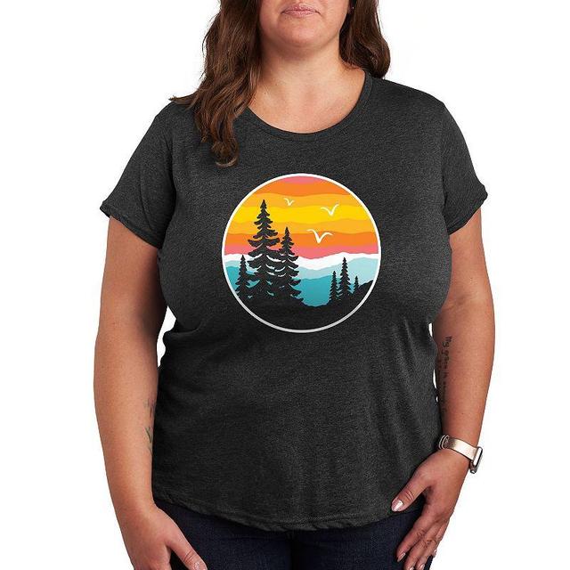 Plus Round Sunset Mountain Graphic Tee, Womens Heather Grey Product Image