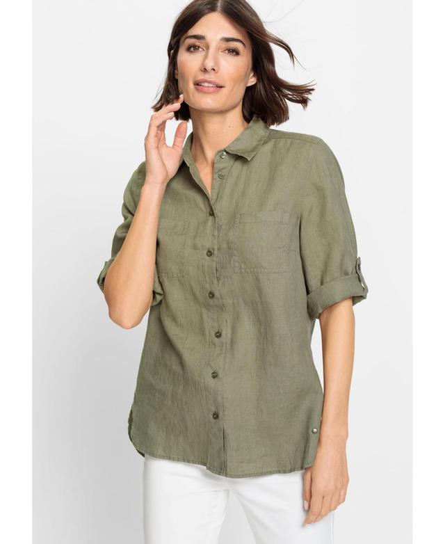 Olsen Womens Cotton Linen Shirt with Rolled Sleeve Tab Detail Product Image