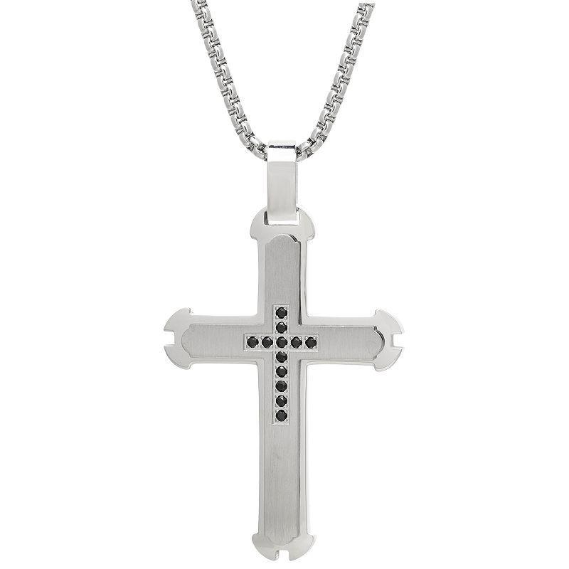 Mens LYNX Stainless Steel Black Cubic Zirconia Cross Pendant Necklace Product Image