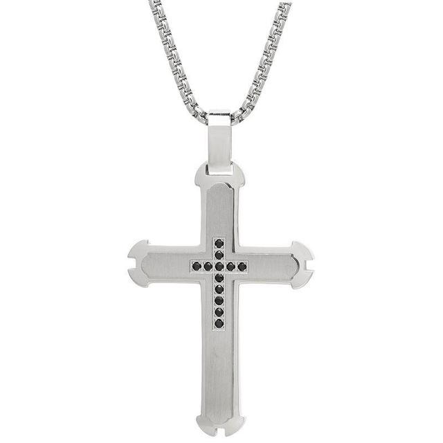 Mens LYNX Stainless Steel Black Cubic Zirconia Cross Pendant Necklace Product Image