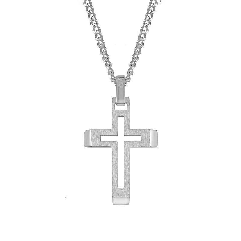 Mens LYNX Stainless Steel Cutout Cross Pendant Necklace White Product Image