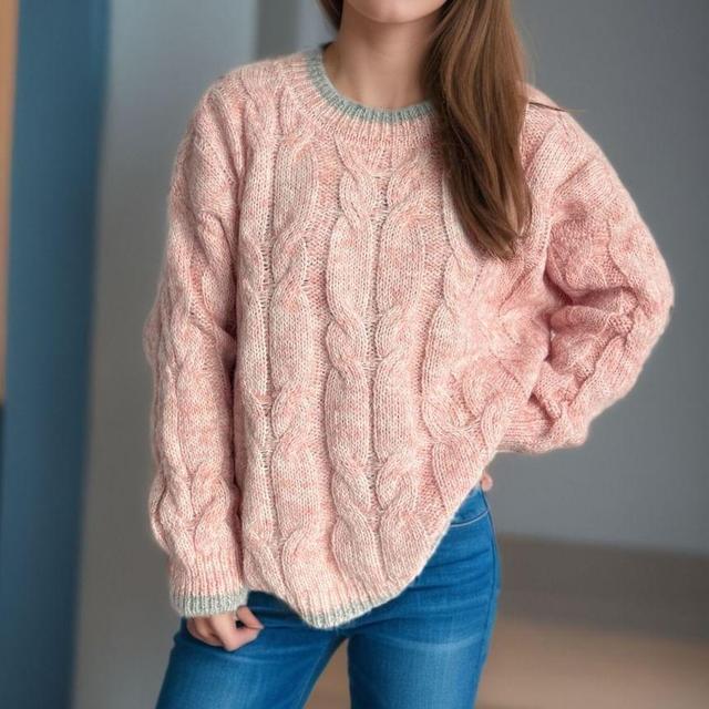 Crew Neck Contrast Trim Cable Knit Sweater Product Image