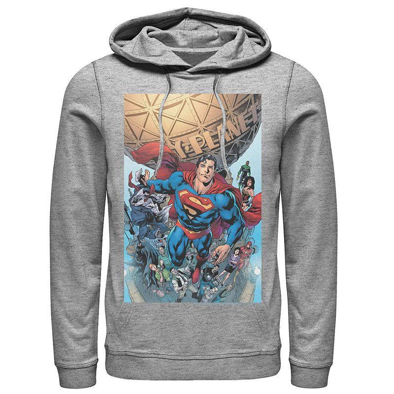 Mens Justice League Daily Planet Group Shot Hoodie Athletic Grey Product Image