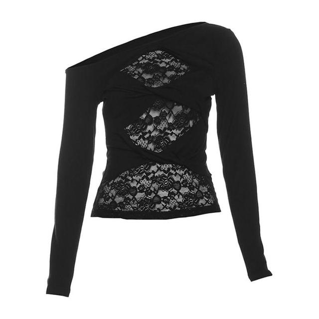 Long Sleeve Cold-Shoulder Twisted Lace Panel Slim-Fit Top Product Image